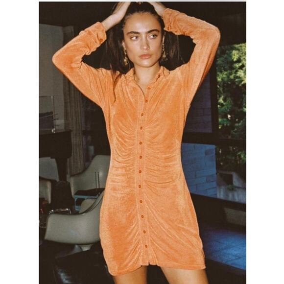 With Jean Andy Long Sleeve Collared Rouched Button Up Orange Mini Dress Medium - Picture 1 of 15